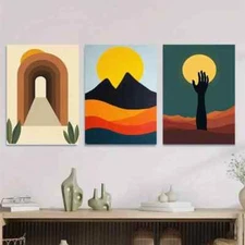 3pcs Geometric Landscape Vibrant Sunset & Mount Wall Art Canvas Framed 50x70cm