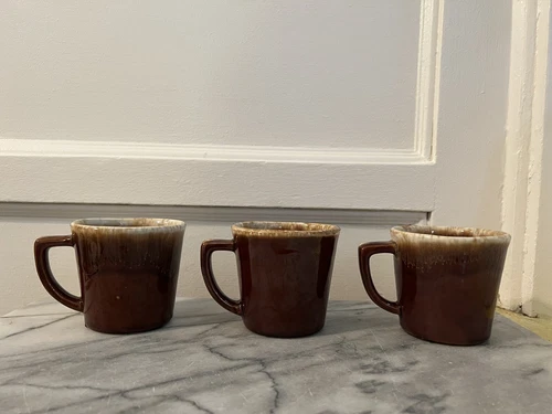 Set of 3 Vintage McCoy Pottery Brown Drip Glaze Coffee Mugs Cups D Handle USA