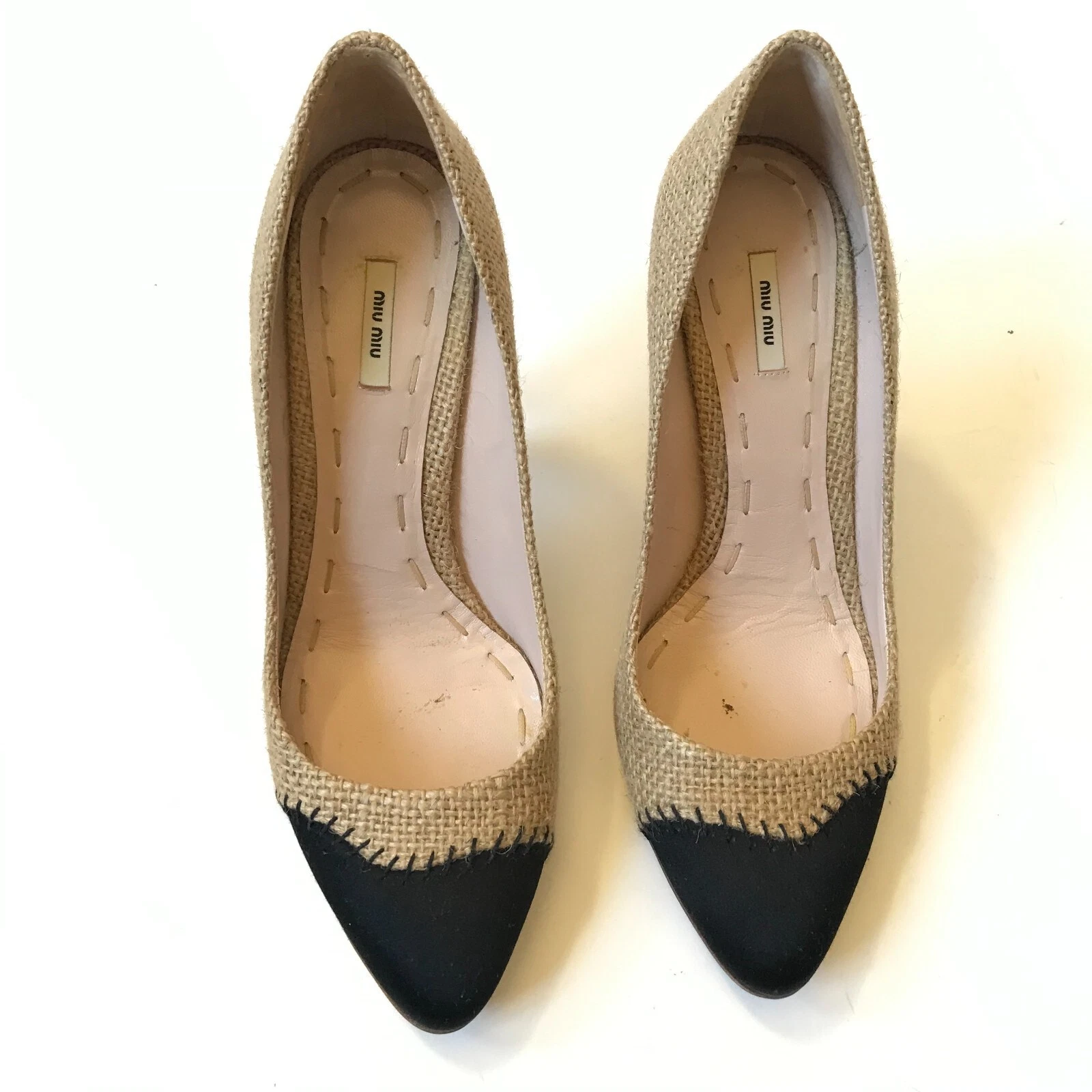 Décolleté Miu Miu Tela Chic Donna 36 6 Beige Naturale Nero Punta Punta Iuta