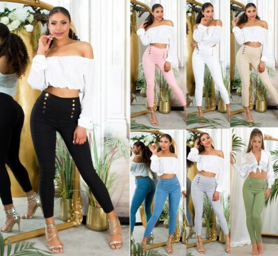 Koucla Leggings High Waist Skinny Hose Damen Treggings Deko Knöpfe Milax-Fashion