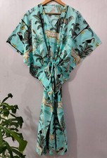 Indian Aqua Long Animal Print Cotton Hippie Maxi Women Nightwear Caftan Dress