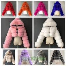 Women Faux Fur Hood Shaggy Jacket Winter Cropped Top Coat Warm Outwear Gifts UK