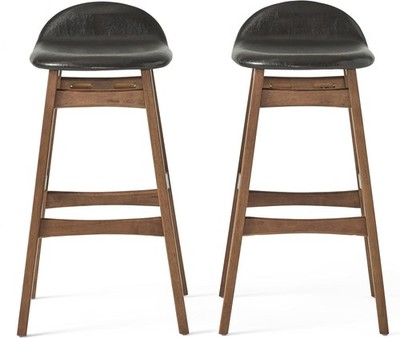 Moria Dark Brown Leather Bar Stools - Set of 2 with Walnut Finish