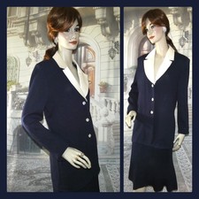 St. John Evening Suit Size 12 Dark Blue Santana Knit Blazer w/ Sparkling Collar