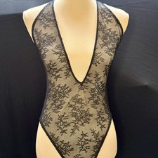 NWT Victoria s Secret Black Lace Teddy Bodysuit Size Medium Deep V Strappy Back