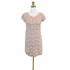 Trouve Womans Crochet Sweater Dress Size M Knit Tan Short Sleeve Neutral Stretch