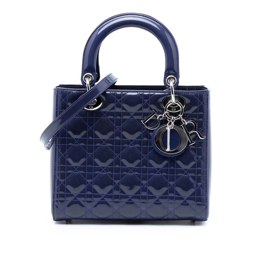 Dior Medium Patent Cannage Lady Pre-Loved Satchel Navy