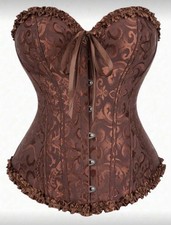 Brown Jacquard Overbust Corset with Ruffle Bow Accents, Boned