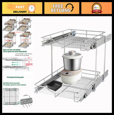 Pull Out Cabinet Organizer 14" W x 21" D - 2 Tier Shelves  Wire Basket for Kitc