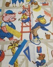 Mid Century Fabric,Juvenile Novelty,Cat,Bear,Monkey,Giraffe,Pig,2 Panels&Valance
