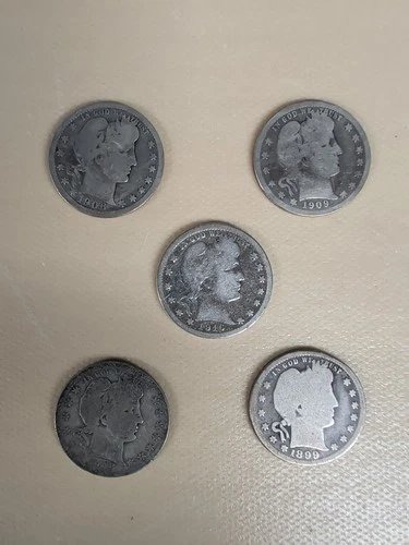 5 Barber Quarters 90% Silver / Full Date Coins / Great Condition
