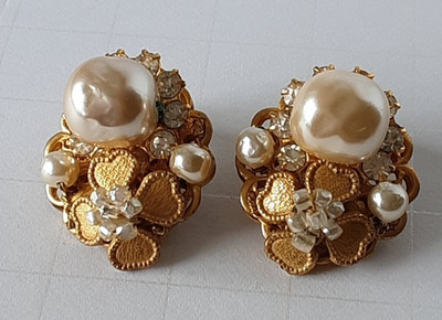 Vintage~ Miriam Haskell ~Signed~ Faux Pearl and Rhinestone Earrings ~