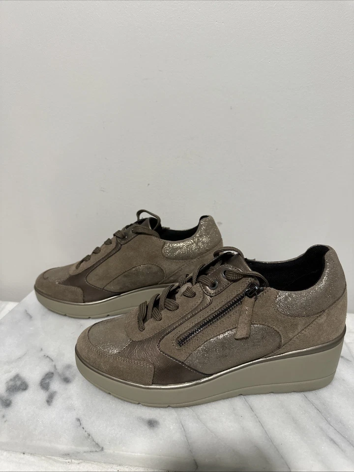 Geox Ilde Sneakers Wedge Heel Leather Comfort Side Zip Brown Size 41 US 10.5 - Image 4 of 4