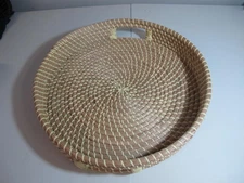Hand Weaved Straw w Plastic Thread XL Serving Tray Tan & Pale yellow 16 x3