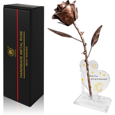 Copper Rose with Heart Stands - 7th Anniversary Handmade Metal Sculpture Gift