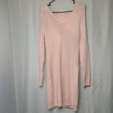 No Boundaries Sweater Dress Women Medium Pink Cable Knit Hooded V-Neck Mini