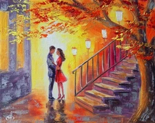 Original Oil Painting Canvas Romantic Couple Autumn Stairway Street Lamps Art