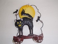 OOAK Vintage schwarze Katze Fledermaus Hexe HALLOWEEN Mond Metall Teekerze Wandhalter