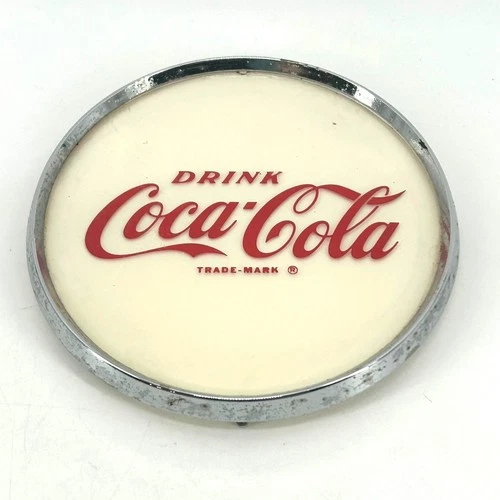 Vintage Coca Cola Drink Coke Round Metal Chrome Trim Vending Machine Sign Plaque