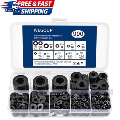 #ad 900 Piece Nylon Flat Washer Assortment Kit Black Plastic Flat Washers for Bolts $9.97