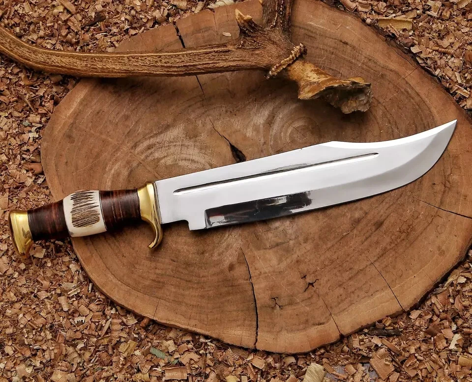 ASS Custom Handmade D2 Steel Stag Horn Handle Bowie Hunting Knife