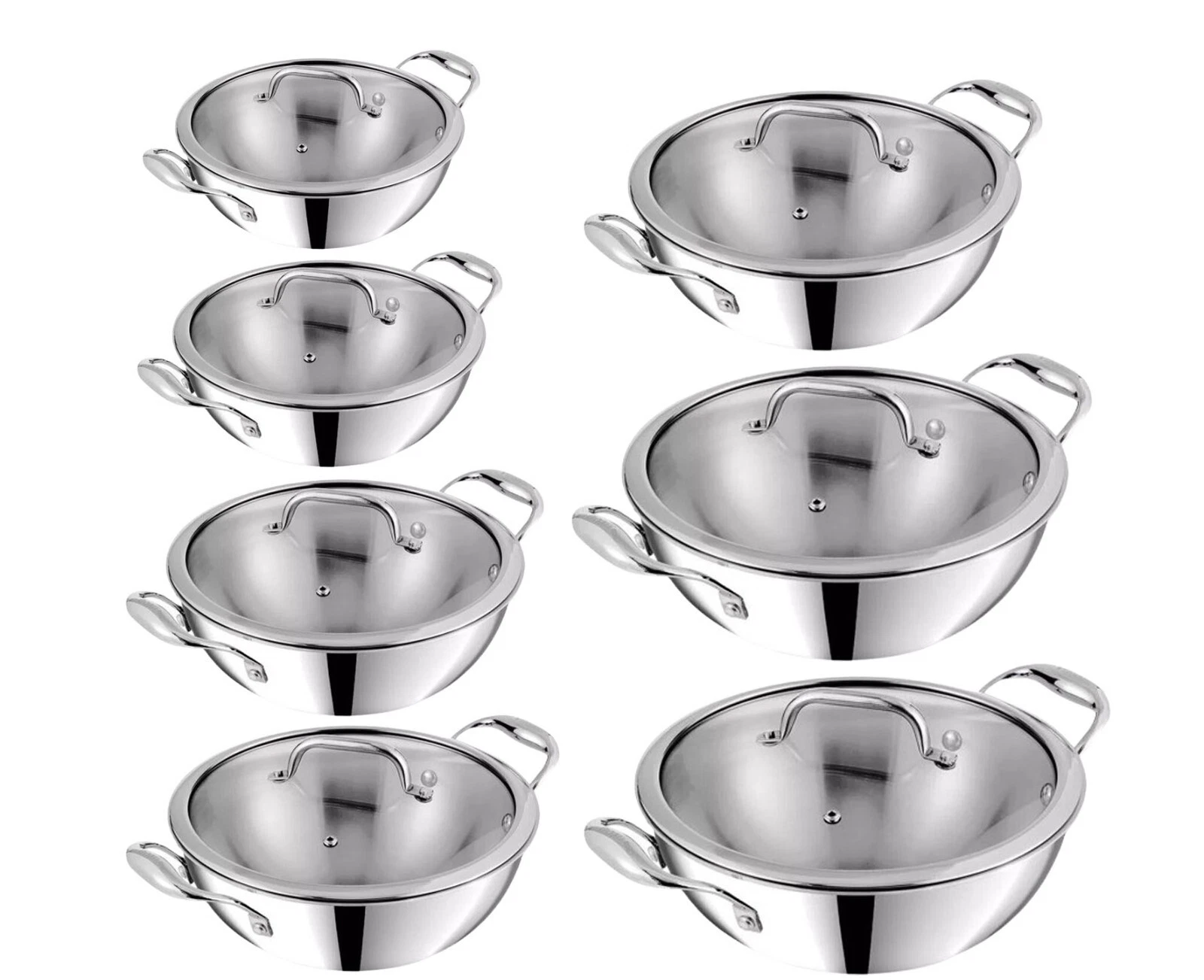 Platinum Triply Kadai Wok Stainless Steel With Glass Lid Stir Fry Induction Base