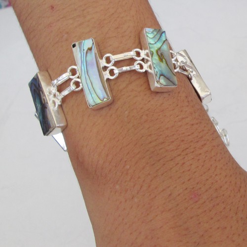 Mother of pearl abalone shell gemstone silver plated bracelet Sz 8" & Adjustable