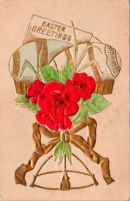 Gold Embossed Easter Greetings Egg Red Flowers Postcard used (15070)