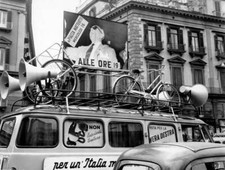 Mini van speakers inscriptions remembering Italian politician foun- Old Photo