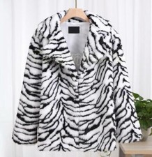 Women Faux Fur Tiger Pattern Coat Warm Furry Jacket Outwear Lapel Winter Parka