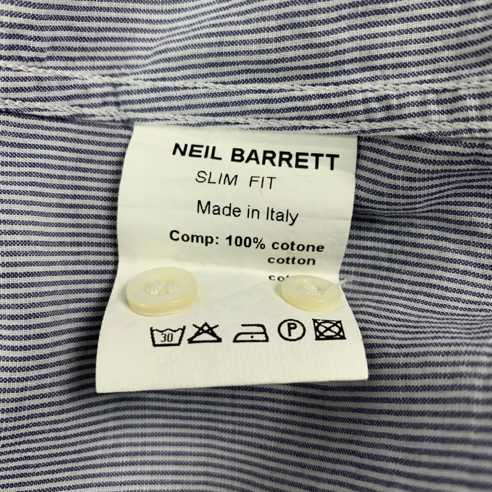 Camisa NEIL BARRETT Talla L Azul Rayas Algodón Borde Crudo Calce Ajustado Manga Larga Foto 4 de 4