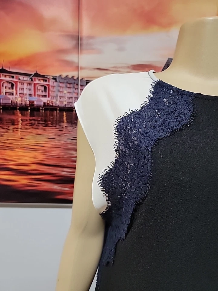 Chelsea28 Black Navy Blouse Size L Top Shirt Sleeveless Blouse Lace #C - Image 2 of 4