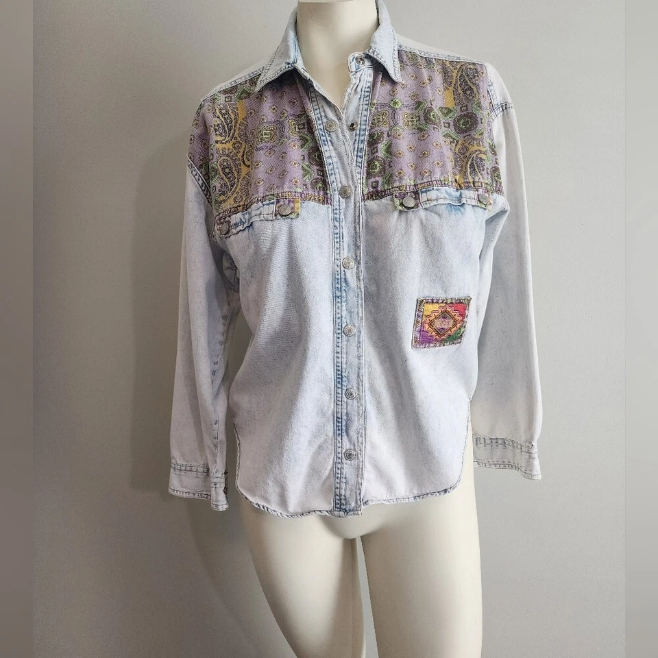 De colección Años 80/90 Jordache Chambray Western Botón a Presión Mujer Pequeño 100% Algodón Foto 4 de 4