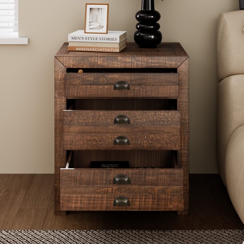 Rustic Farmhouse Style Three-Drawer Solid Pine Wood Nightstand w/Cup Pulls - Picture 6 of 15