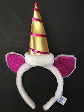 GIRLS UNICORN HEADBAND ONE SIZE FLUFFY FUR PINK SPARKLES ON EARS GOLD HORN SEQUI