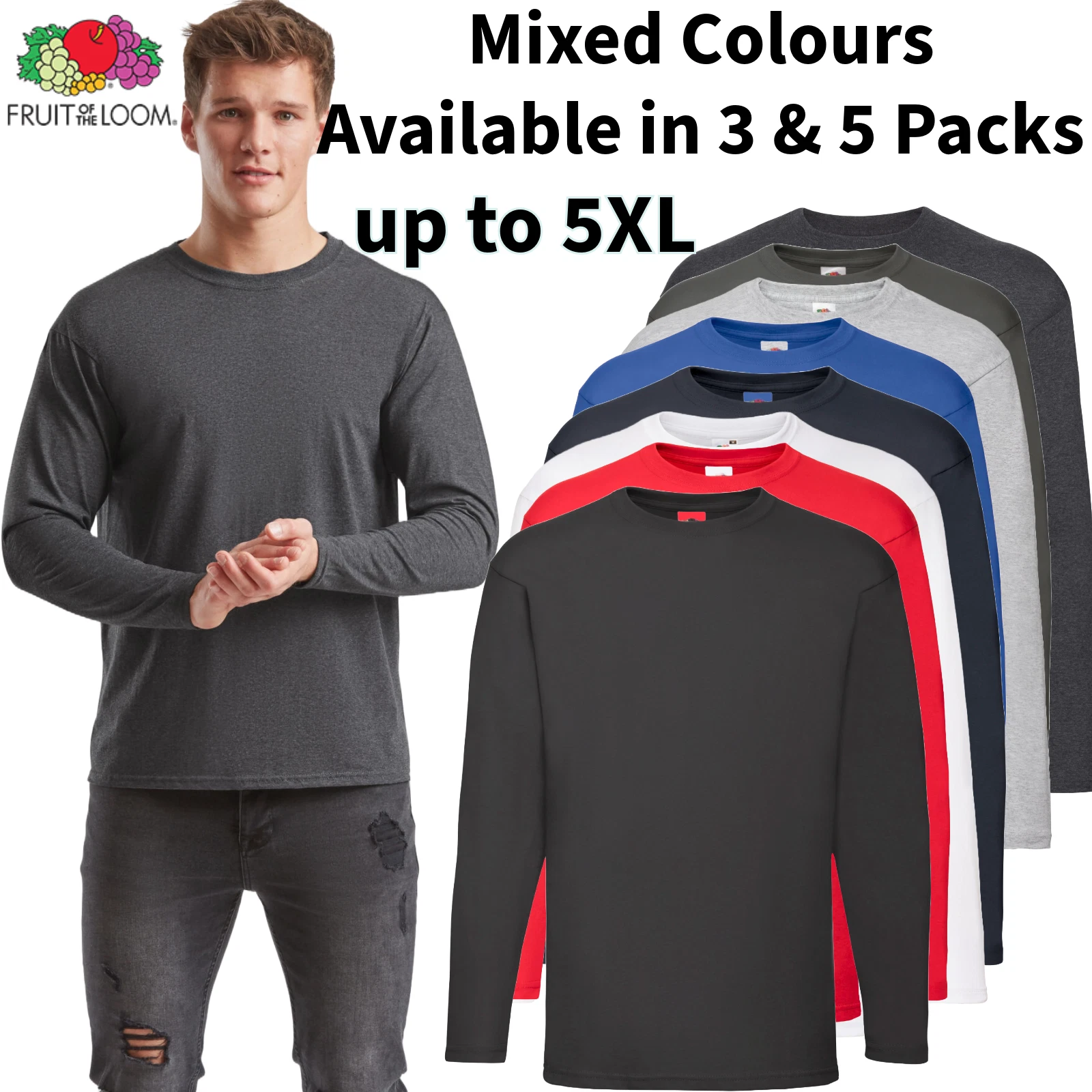 Fruit of the Loom mens long sleeve t shirt 3 or 5 pack lot 100% Cotton t-shirt
Opens in a new window
