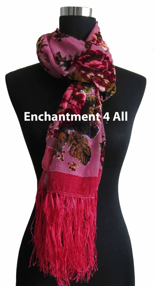Elegante 100% Seda Terciopelo Burnout Vintage Floral Oblongo Bufanda Mantón Envoltura, Rosa Foto 4 de 4