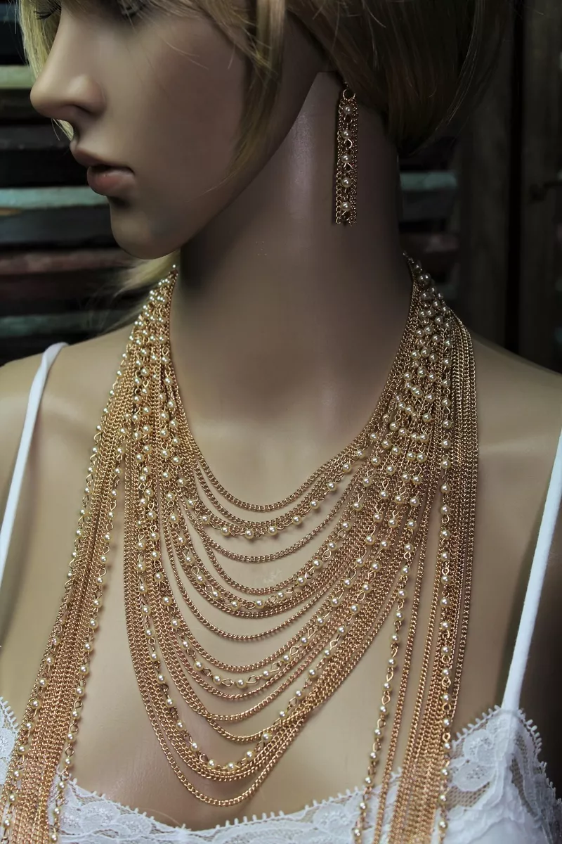 Gold Multi-Strand Necklace of Pearl and Chain Fringe with Earrings Statement Pc.