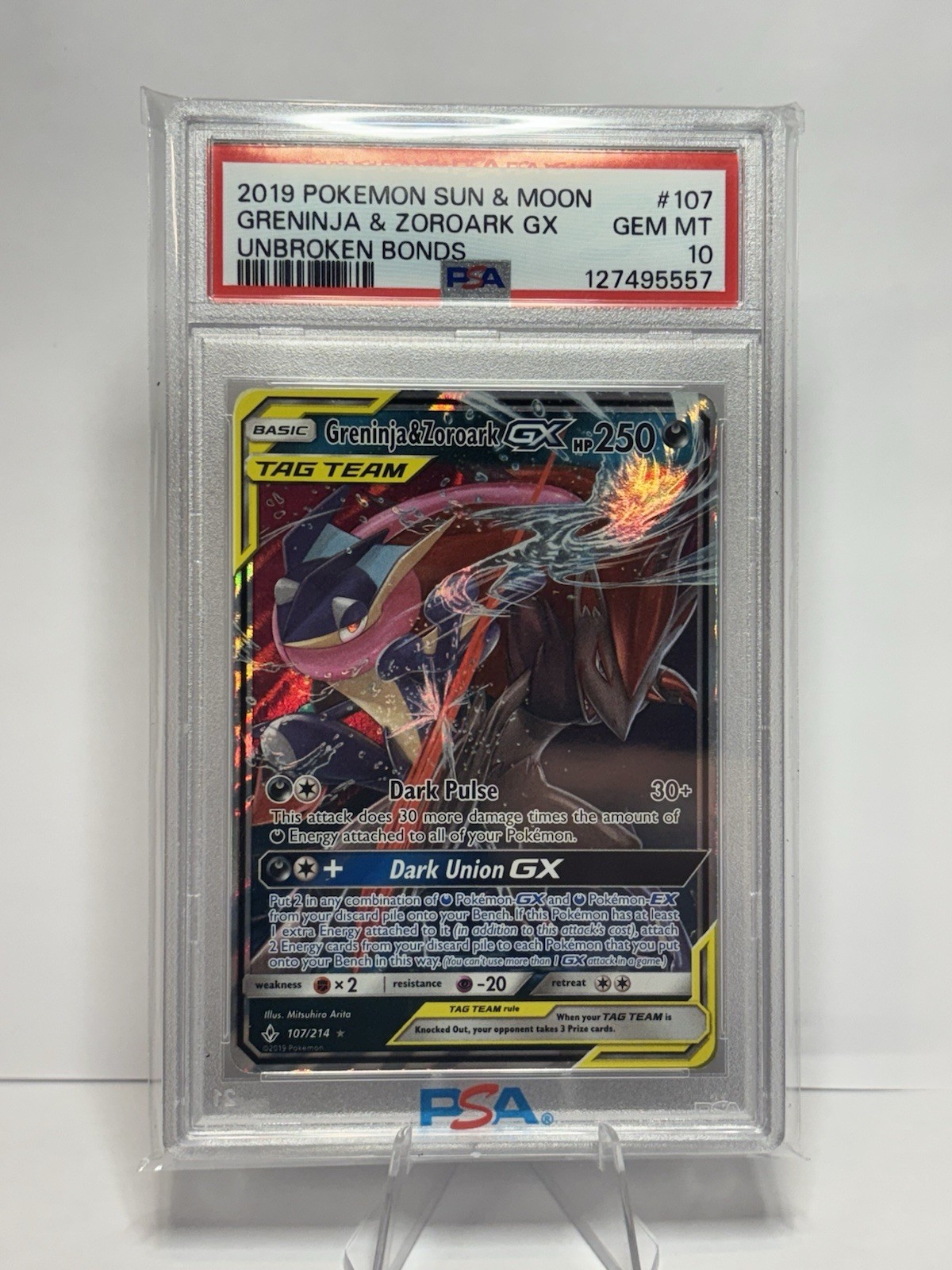 2019 Pokémon Sun & Moon Greninja & Zoroark GX #107 Unbroken Bonds PSA 10
