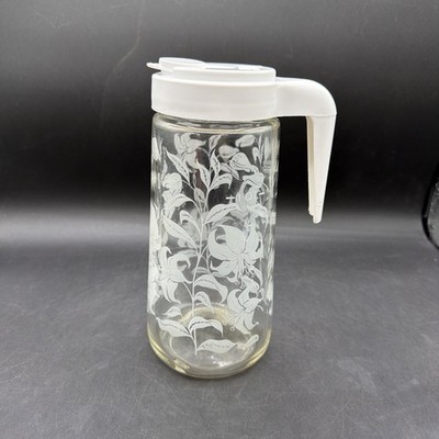 Anchor Hocking TANG Pitcher 1 Qt Glass Etched Lily White Lid VTG 1970s 9  tall 