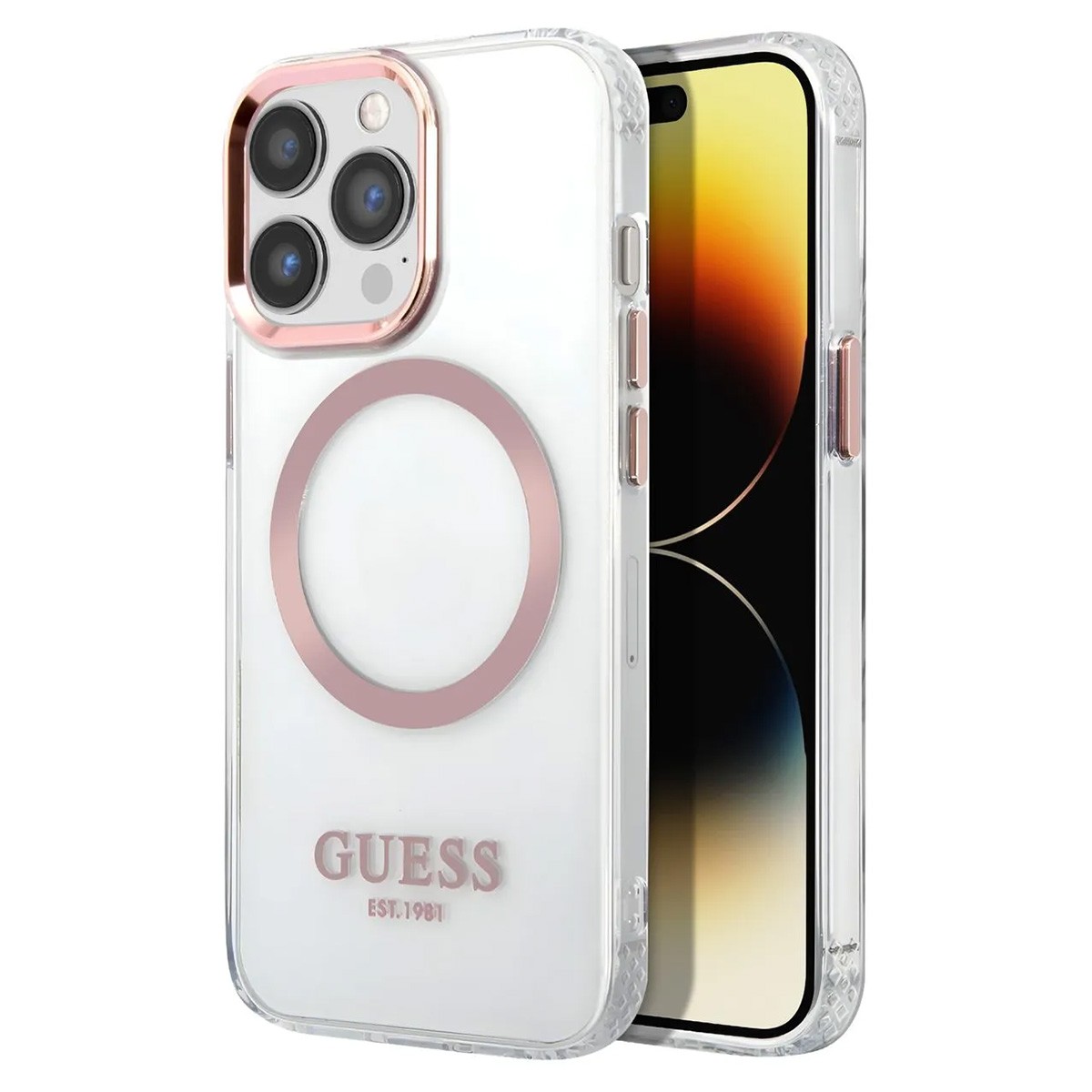 Coque iPhone 14 Pro Guess transparente avec contour doré en silicone TPU