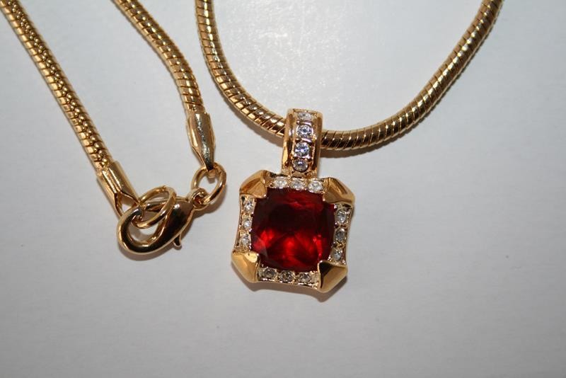 Signed Roman Goldtone Simulated Ruby Red Clear Rh… - image 3