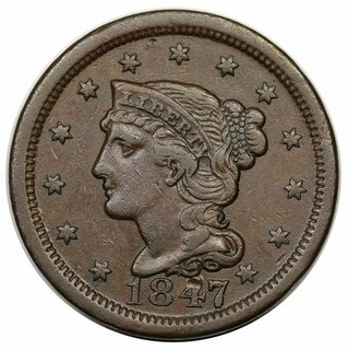 1847 Braided Hair Large Cent N 28 R4 extremely rare LDS (d) reverse cud