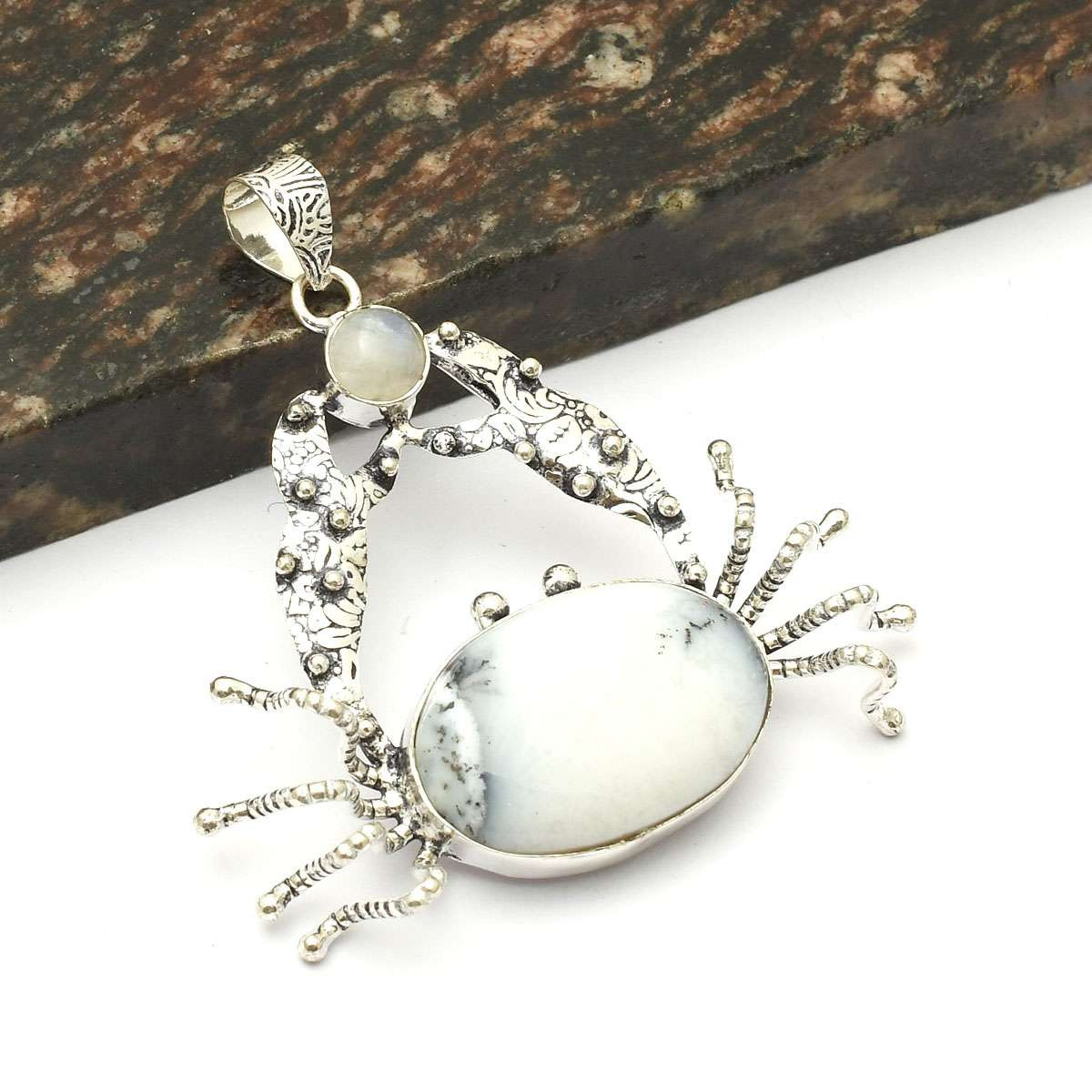 Dendrite Opal Rainbow Moonstone Gemstone Crab Pendant Jewelry 2.6