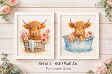 Highland Cow Wall Art Set 2 8x10 Farmhouse Floral Canvas Prints Cute