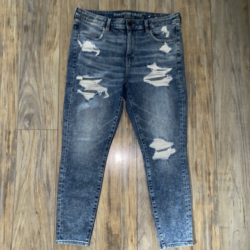 American Eagle Womens Jeans 14 Short Blue Super Stretch Jegging Distress Ripped