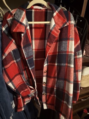 ABELA STORY CO. Plaid Button Collared Mid-Length Jacket Red Navy White Women