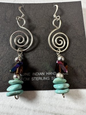 Native American Silver Earrings Spiral Turquoise Southwest  Dangle on Card