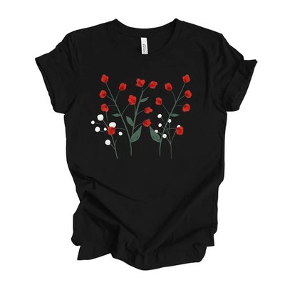 Red Flower Stems Comfort Tee Unisex Floral Design Soft Casual Shirt