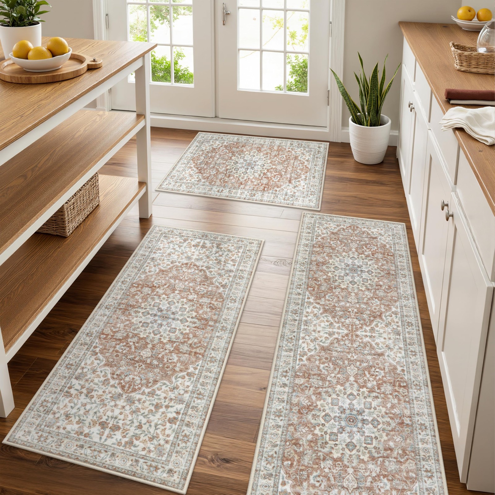 Non-Slip Washable Kitchen Mat Set of 3 Tan Runner Rugs for Floors